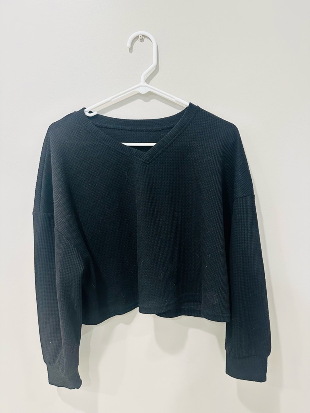 Women’s Black V-Neck Waffle Knit Long Sleeve Top